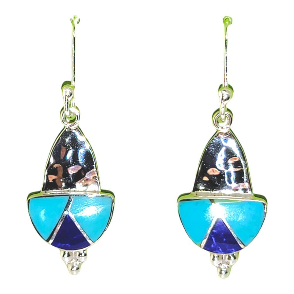 Mexico Hammered 925 Sterling Silver Turquoise and Lapis Drop Dangle Earrings